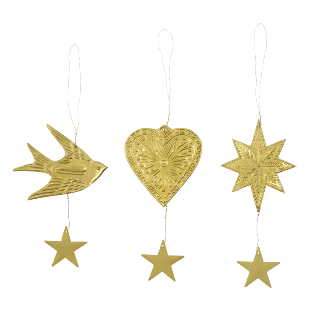 Bird Star Heart Brass Ornament